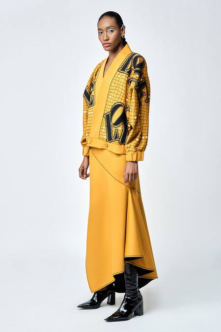 Shop_Shahin Mannan_Yellow Jersey Embroidery Kantha Asymmetric Skirt _Online_at_Aza_Fashions