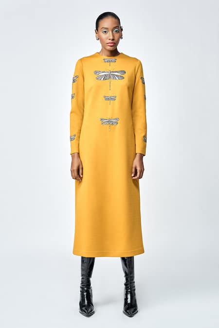 Shahin Mannan Yellow Jersey Hand Embroidered Dragonfly Round Dress 