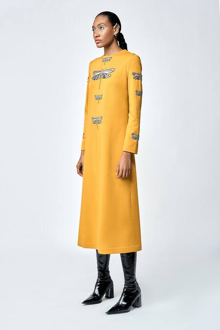 Shahin Mannan_Yellow Jersey Embroidery Round Neck Dragonfly Hand Dress _Online_at_Aza_Fashions