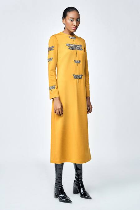 Buy_Shahin Mannan_Yellow Jersey Embroidery Round Neck Dragonfly Hand Dress _Online_at_Aza_Fashions