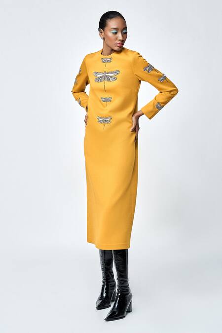 Shop_Shahin Mannan_Yellow Jersey Embroidery Round Neck Dragonfly Hand Dress _Online_at_Aza_Fashions