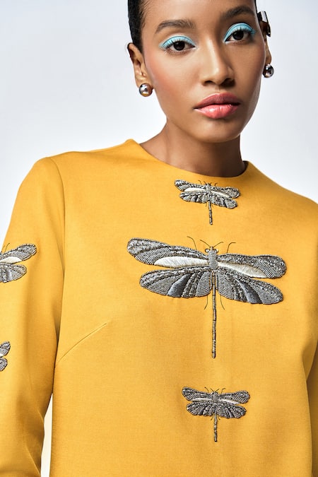 Shahin Mannan_Yellow Jersey Embroidery Round Neck Dragonfly Hand Dress _at_Aza_Fashions