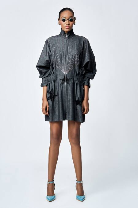 Shahin Mannan_Black Denim Embroidery High Neck Rays Stars Hand Jacket Dress _Online_at_Aza_Fashions