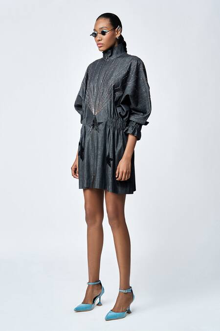 Buy_Shahin Mannan_Black Denim Embroidery High Neck Rays Stars Hand Jacket Dress _Online_at_Aza_Fashions