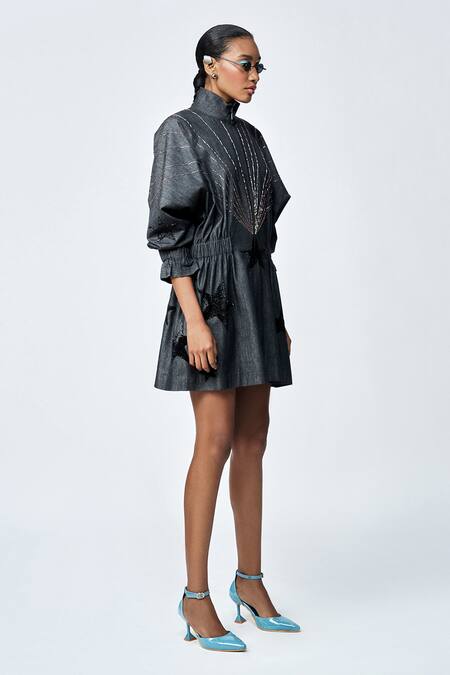 Shop_Shahin Mannan_Black Denim Embroidery High Neck Rays Stars Hand Jacket Dress _Online_at_Aza_Fashions