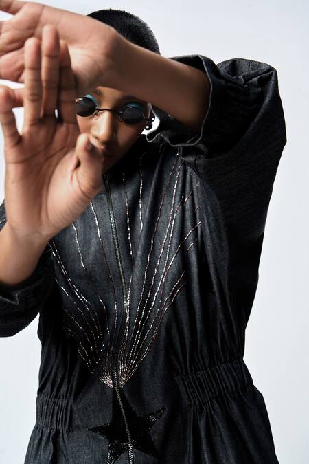 Shahin Mannan_Black Denim Embroidery High Neck Rays Stars Hand Jacket Dress _at_Aza_Fashions
