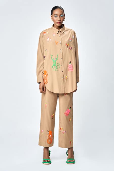 Shahin Mannan Brown Poplin Embroidered Monkey Collared Funky Baggy Shirt With Pant 