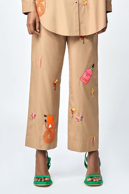 Shahin Mannan_Brown Cotton, Poplin Embroidery, Applique Funky Monkey Baggy Shirt With Pant _Online_at_Aza_Fashions