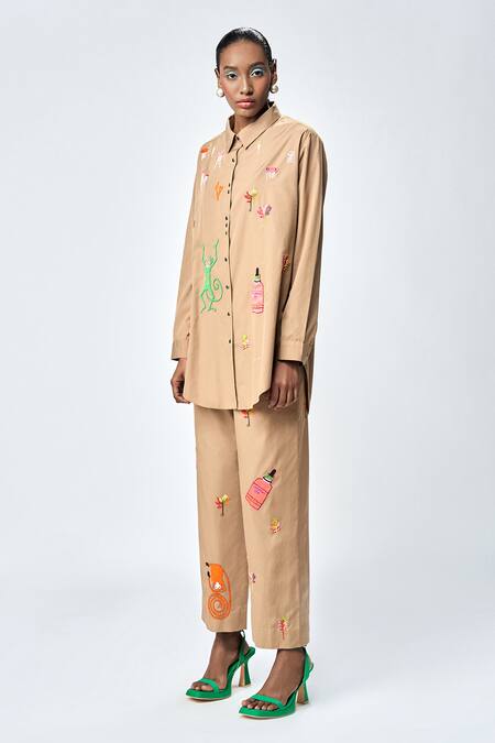 Buy_Shahin Mannan_Brown Cotton, Poplin Embroidery, Applique Funky Monkey Baggy Shirt With Pant _Online_at_Aza_Fashions