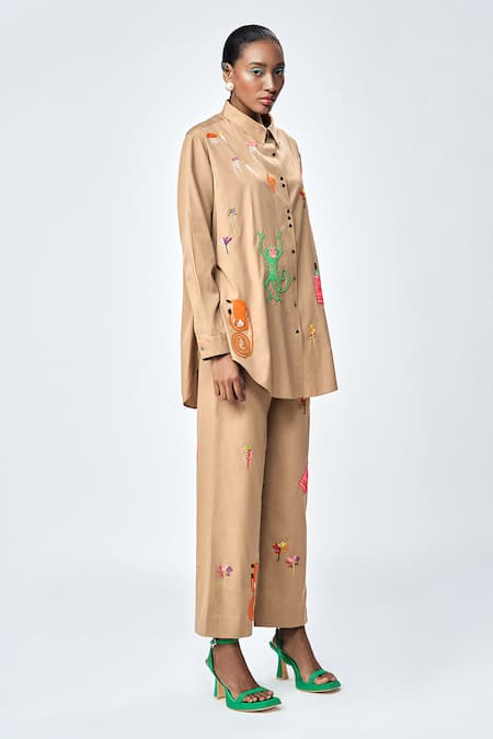 Shop_Shahin Mannan_Brown Cotton, Poplin Embroidery, Applique Funky Monkey Baggy Shirt With Pant _Online_at_Aza_Fashions