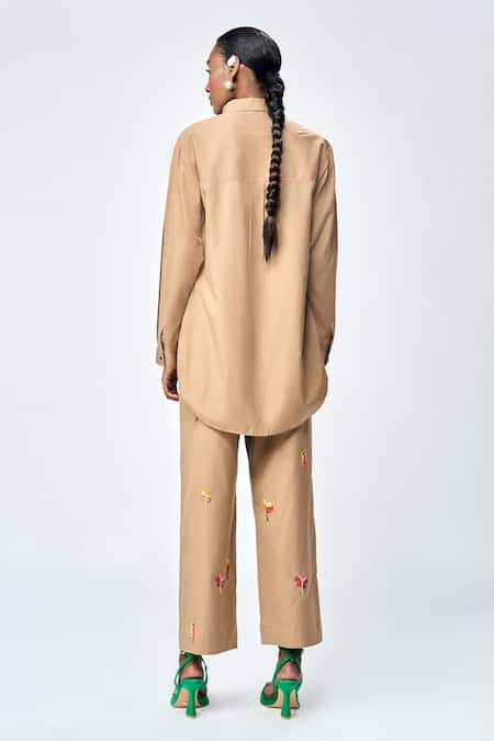 Shop_Shahin Mannan_Brown Poplin Embroidered Monkey Collared Funky Baggy Shirt _at_Aza_Fashions