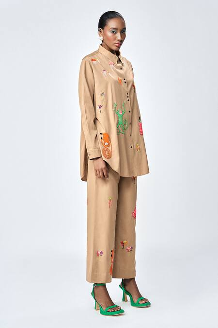 Buy_Shahin Mannan_Brown Poplin Embroidered Monkey Collared Funky Baggy Shirt _Online_at_Aza_Fashions