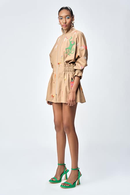 Shahin Mannan_Brown Poplin Applique, Embroidery High Neck Funky Monkey Jacket Dress _Online_at_Aza_Fashions