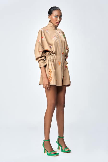 Buy_Shahin Mannan_Brown Poplin Applique, Embroidery High Neck Funky Monkey Jacket Dress _Online_at_Aza_Fashions