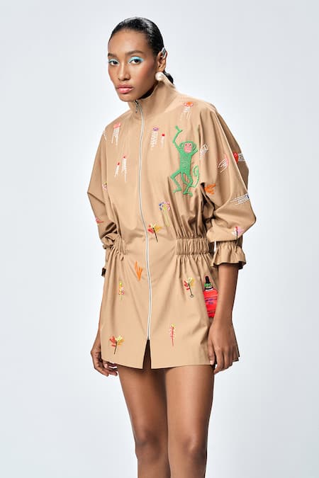 Shop_Shahin Mannan_Brown Poplin Applique, Embroidery High Neck Funky Monkey Jacket Dress _Online_at_Aza_Fashions