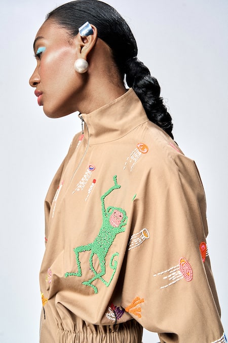 Shahin Mannan_Brown Poplin Applique, Embroidery High Neck Funky Monkey Jacket Dress _at_Aza_Fashions