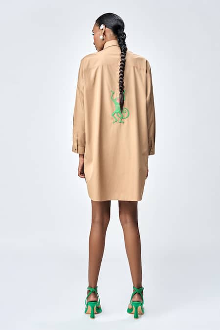 Shop_Shahin Mannan_Brown Poplin Embroidery Collared Funky Monkey Shirt Dress _at_Aza_Fashions