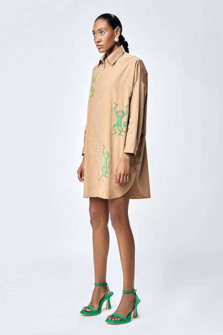 Shahin Mannan_Brown Poplin Embroidery Collared Funky Monkey Shirt Dress _Online_at_Aza_Fashions