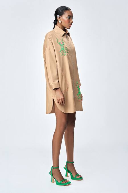 Buy_Shahin Mannan_Brown Poplin Embroidery Collared Funky Monkey Shirt Dress _Online_at_Aza_Fashions
