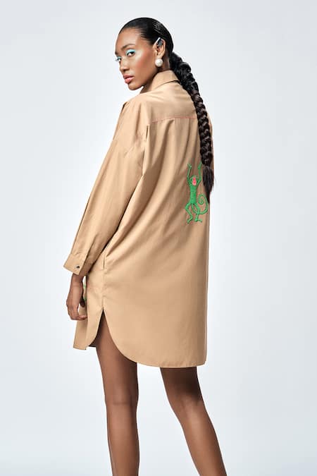 Shop_Shahin Mannan_Brown Poplin Embroidery Collared Funky Monkey Shirt Dress _Online_at_Aza_Fashions