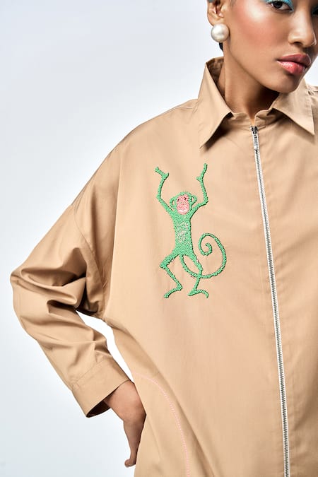 Shahin Mannan_Brown Poplin Embroidery Collared Funky Monkey Shirt Dress _at_Aza_Fashions