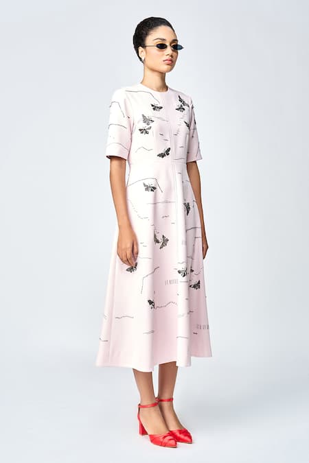 Buy Shahin Mannan Peach Crepe Embroidery Round Neck Fuzzy Butterfly Hand Dress Online at Aza Fashions Buy_Shahin Mannan_Peach Crepe Embroidery Round Neck Fuzzy Butterfly Hand Dress _Online_at_Aza_Fashions