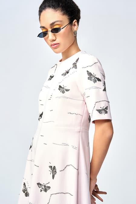 Shop Shahin Mannan Peach Crepe Embroidery Round Neck Fuzzy Butterfly Hand Dress Online at Aza Fashions Shop_Shahin Mannan_Peach Crepe Embroidery Round Neck Fuzzy Butterfly Hand Dress _Online_at_Aza_Fashions