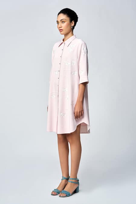 Shahin Mannan_Peach Crepe Embroidery Collared Fuzzy Butterfly A-line Shirt Dress _Online_at_Aza_Fashions