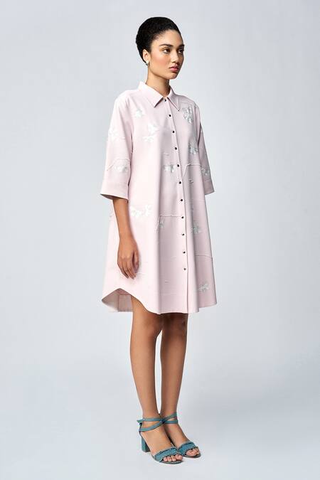 Buy_Shahin Mannan_Peach Crepe Embroidery Collared Fuzzy Butterfly A-line Shirt Dress _Online_at_Aza_Fashions