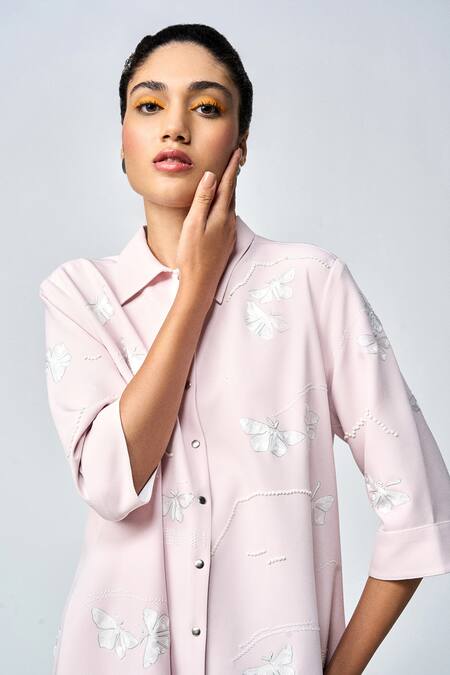 Shop_Shahin Mannan_Peach Crepe Embroidery Collared Fuzzy Butterfly A-line Shirt Dress _Online_at_Aza_Fashions
