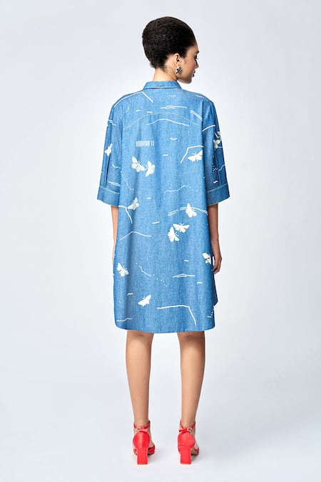 Shahin Mannan Fuzzy Butterfly Embroidered A-line Shirt Dress 