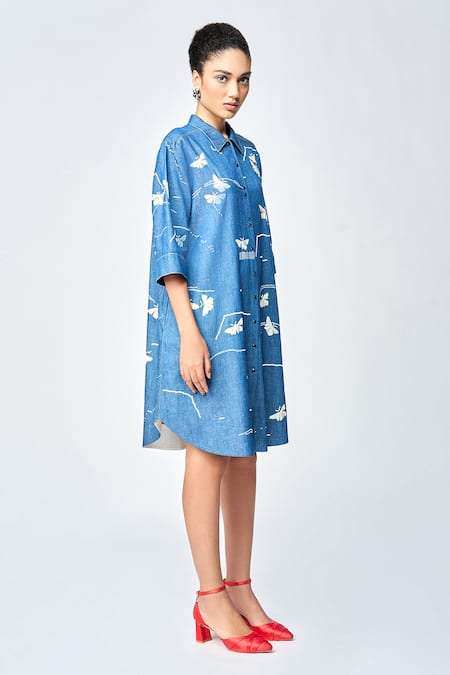 Shahin Mannan_Blue Denim Embroidery Collared Fuzzy Butterfly A-line Shirt Dress _Online_at_Aza_Fashions