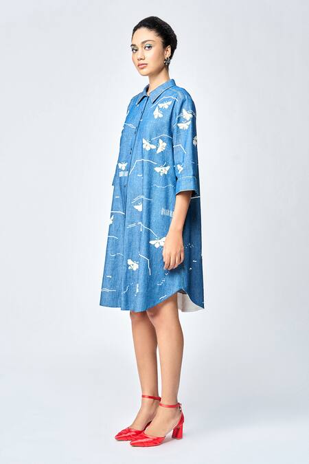 Buy_Shahin Mannan_Blue Denim Embroidery Collared Fuzzy Butterfly A-line Shirt Dress _Online_at_Aza_Fashions