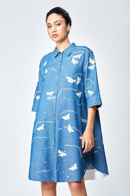 Shop_Shahin Mannan_Blue Denim Embroidery Collared Fuzzy Butterfly A-line Shirt Dress _Online_at_Aza_Fashions