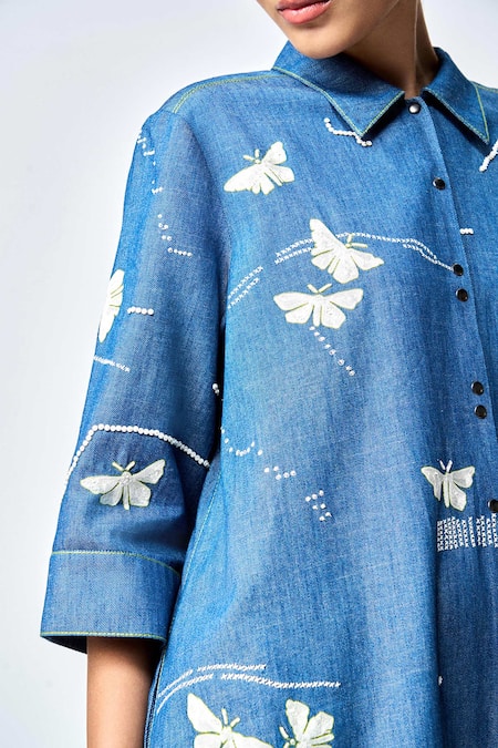 Shahin Mannan_Blue Denim Embroidery Collared Fuzzy Butterfly A-line Shirt Dress _at_Aza_Fashions