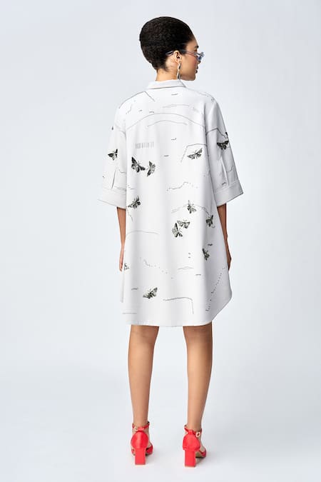 Shahin Mannan Fuzzy Butterfly Embroidered Shirt Dress 