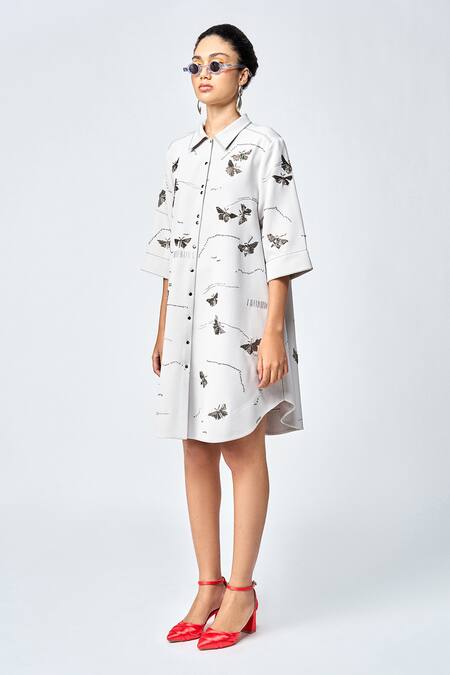 Shahin Mannan_Grey Crepe Embroidery Collared Fuzzy Butterfly Shirt Dress _Online_at_Aza_Fashions