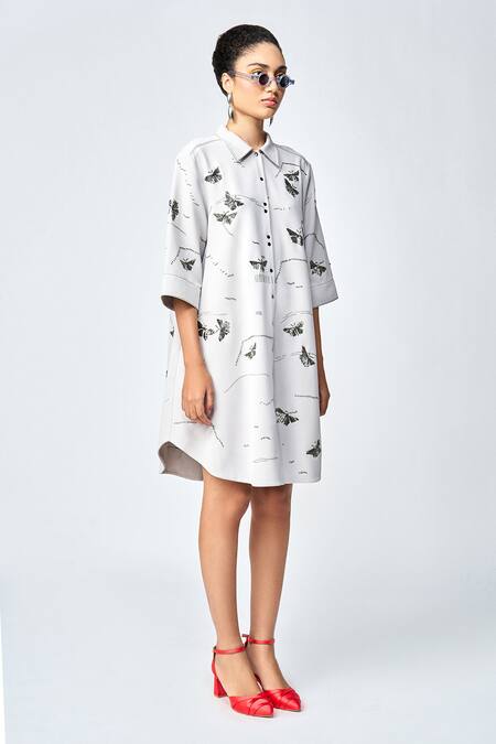 Buy_Shahin Mannan_Grey Crepe Embroidery Collared Fuzzy Butterfly Shirt Dress _Online_at_Aza_Fashions