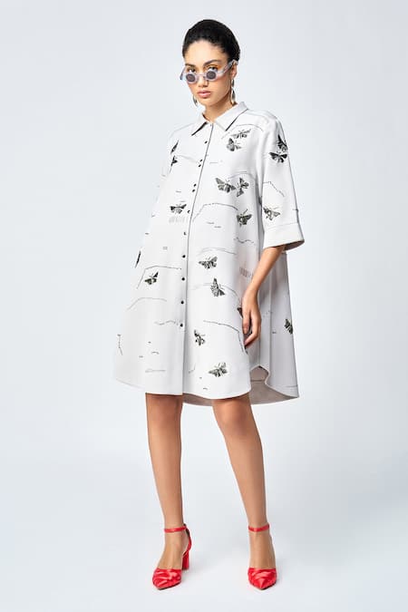 Shop_Shahin Mannan_Grey Crepe Embroidery Collared Fuzzy Butterfly Shirt Dress _Online_at_Aza_Fashions