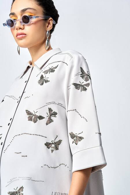 Shahin Mannan_Grey Crepe Embroidery Collared Fuzzy Butterfly Shirt Dress _at_Aza_Fashions