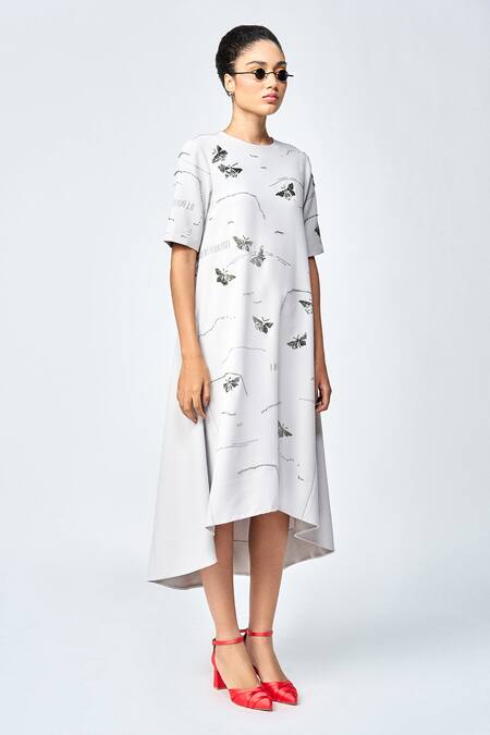 Buy Shahin Mannan Grey Crepe Embroidery Round Neck Fuzzy Butterfly Hand Shift Dress Online at Aza Fashions Buy_Shahin Mannan_Grey Crepe Embroidery Round Neck Fuzzy Butterfly Hand Shift Dress _Online_at_Aza_Fashions