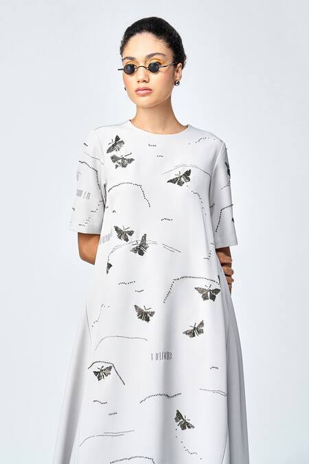 Shahin Mannan Grey Crepe Embroidery Round Neck Fuzzy Butterfly Hand Shift Dress at Aza Fashions Shahin Mannan_Grey Crepe Embroidery Round Neck Fuzzy Butterfly Hand Shift Dress _at_Aza_Fashions