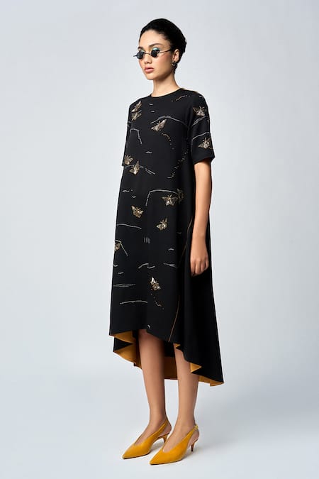 Shahin Mannan Black Crepe Embroidery Round Neck Fuzzy Butterfly Hand Dress Online at Aza Fashions Shahin Mannan_Black Crepe Embroidery Round Neck Fuzzy Butterfly Hand Dress _Online_at_Aza_Fashions