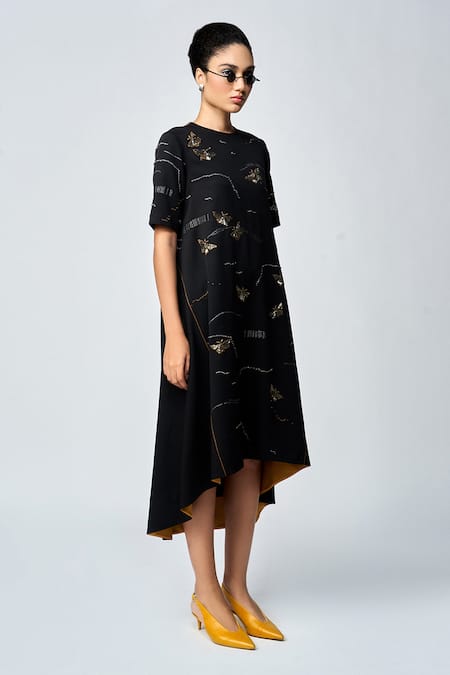 Buy Shahin Mannan Black Crepe Embroidery Round Neck Fuzzy Butterfly Hand Dress Online at Aza Fashions Buy_Shahin Mannan_Black Crepe Embroidery Round Neck Fuzzy Butterfly Hand Dress _Online_at_Aza_Fashions