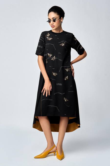 Shop Shahin Mannan Black Crepe Embroidery Round Neck Fuzzy Butterfly Hand Dress Online at Aza Fashions Shop_Shahin Mannan_Black Crepe Embroidery Round Neck Fuzzy Butterfly Hand Dress _Online_at_Aza_Fashions
