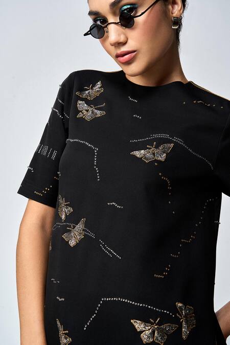 Shahin Mannan Black Crepe Embroidery Round Neck Fuzzy Butterfly Hand Dress at Aza Fashions Shahin Mannan_Black Crepe Embroidery Round Neck Fuzzy Butterfly Hand Dress _at_Aza_Fashions