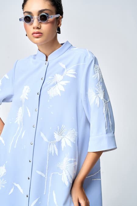 Shahin Mannan_Blue Crepe Embroidery Bandeau Neck Dainty Leaves Appliqued Flared Dress _Online_at_Aza_Fashions