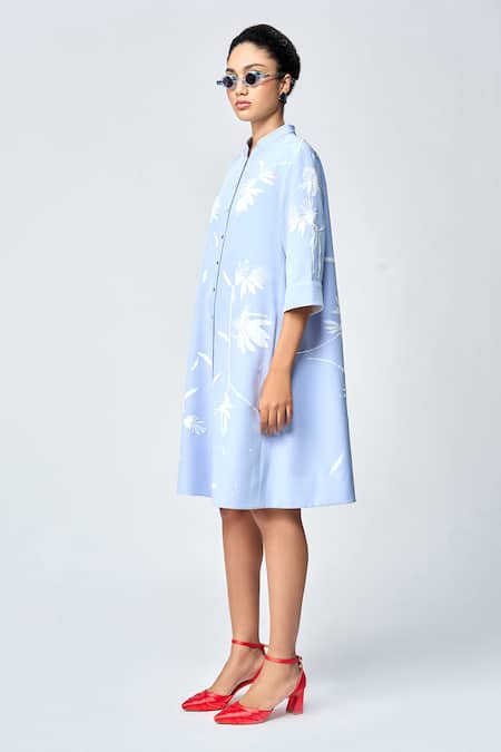 Buy_Shahin Mannan_Blue Crepe Embroidery Bandeau Neck Dainty Leaves Appliqued Flared Dress _Online_at_Aza_Fashions