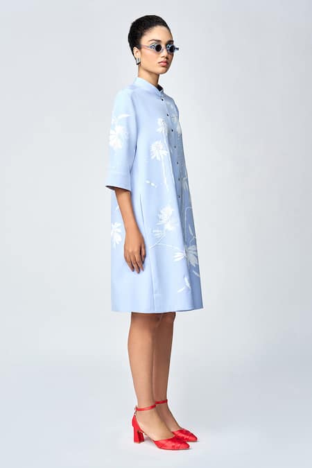 Shop_Shahin Mannan_Blue Crepe Embroidery Bandeau Neck Dainty Leaves Appliqued Flared Dress _Online_at_Aza_Fashions