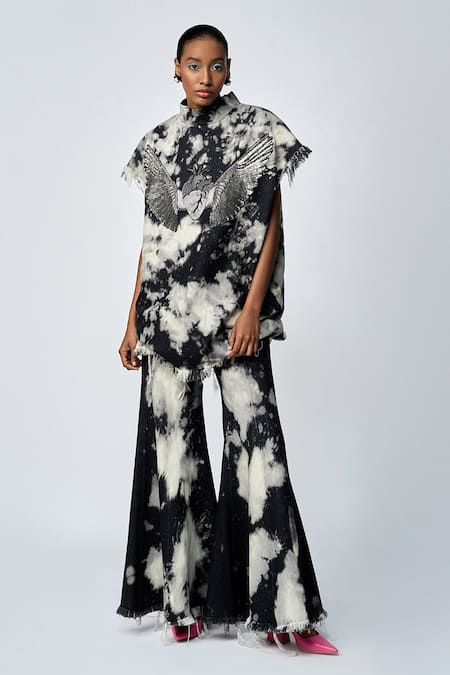 Shahin Mannan Grey Thick Denim Embroidery Heart Wings High Neck Top